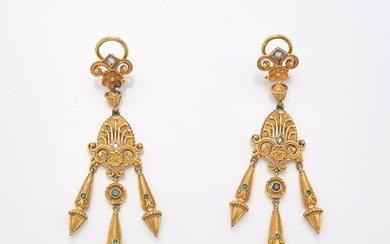 Pair of Gold, Emerald and Diamond Fringe Pendant-Earrings