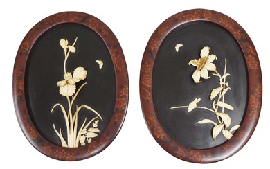 Pair of Japanese ivory and lacquer oval panels
