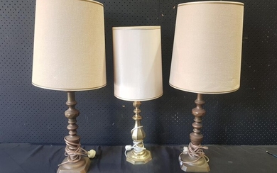 Pair of Ornate Brass Candlestick Form Table Lamps (H:76cm) together with a Similar Example