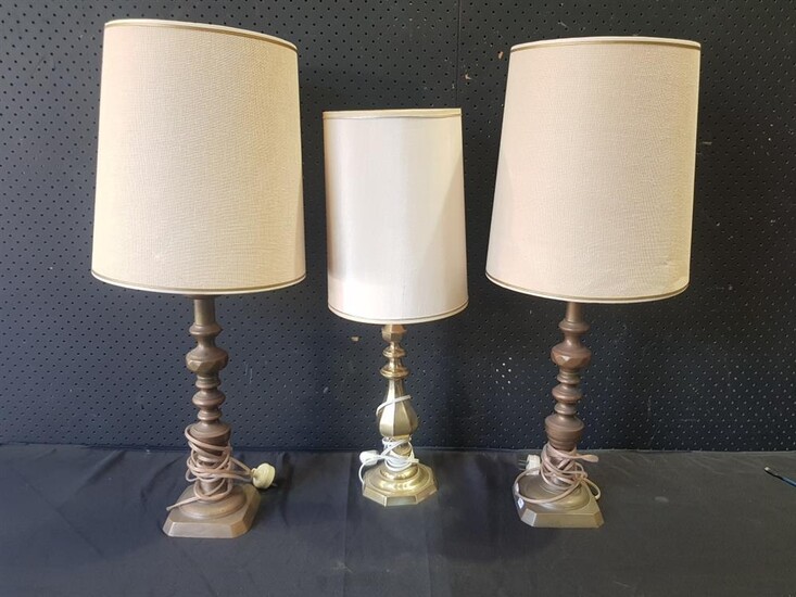 Pair of Ornate Brass Candlestick Form Table Lamps (H:76cm) together with a Similar Example