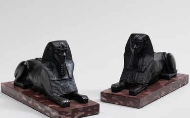 Pair of Patinated-Metal Models of Recumbent Sphinxes on Marble Bases
