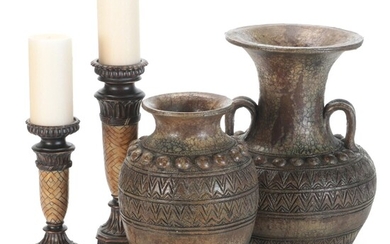 Pair of Pedestal Candle Holders with Two Urn Shaped Vases