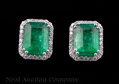Pair of Platinum, Emerald and Diamond Earrings