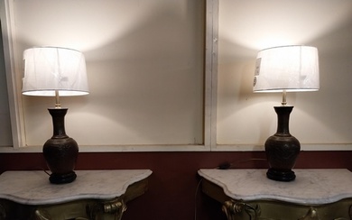 Pair of bronze table lamps with cloth shades {63 cm H x 30 c...