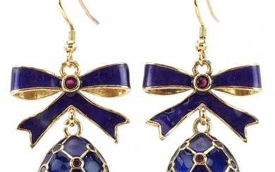 Pair of silver gilt blue enamel and garnet drop earrings in ...