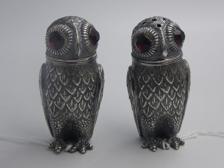 Pair of unusual condiments in the form of owls with glass ey...