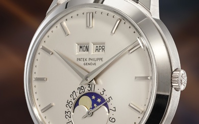 Patek Philippe, Ref. 3448 An extremely well-preserved, important and attractive white gold automatic perpetual calendar wristwatch with moonphases and "inverted date" dial