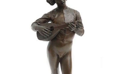 Paul Dubois (French 19th Century) Patinated Bronze Sculpture of a Lute Player