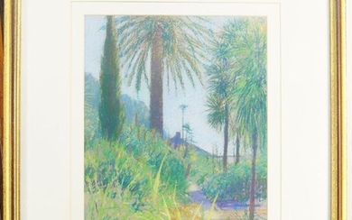 Paul Lewin, British b.1967- View of a path through palms; coloured chalk on paper, signed lower left, 49 x 34.5 cm (ARR)