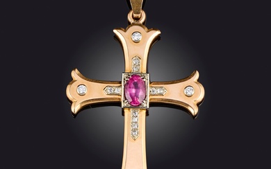 Pendentif en forme de croix en saphir rose et diamants, serti d'un saphir rose de...
