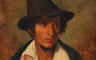 Peter Raadsig: A young man from Subiaco in Italy. Signed and dated P. R. Subiaco 1843. Oil on paper laid on canvas. 56×42.5 cm.