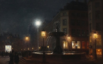 Peter Tom-Petersen: Evening view from Gammeltorv in Copenhagen. 1898. Signed Tom. P. Oil on canvas. 38.5. 52.5 cm.