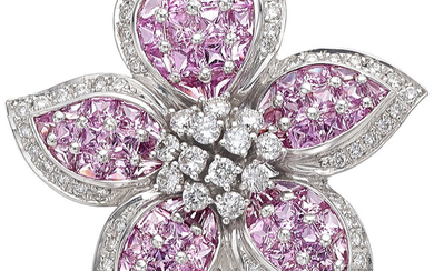 Pink Sapphire, Diamond, White Gold Brooch Stones: Calibré-cut pink...