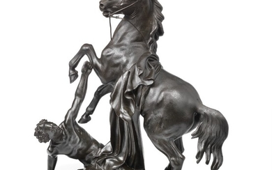 Piotr Alexandrovich Samonov: A Russian cast iron sculpture depicting a man taming a horse. After Klodt von Jürgensburg, Anichkov Bridge. Signed. H. XX cm.