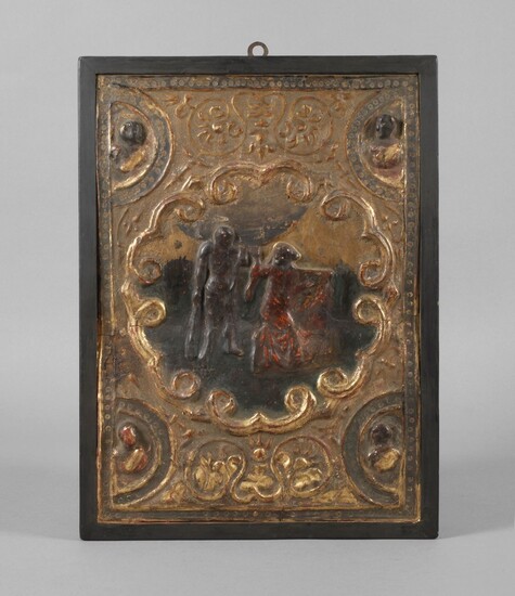 Plaque en relief sculptéeprobablement Espagne, XVIIe siècle, bois sculpté, fond de craie, coloré et doré,...