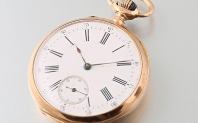 Pocket watch in 750-thousandths gold, round shape, white enamelled dial with Roman numerals for the hours and Arabic numerals for the minutes separated by a railway, auxiliary seconds dial at 6 o'clock, Breguet-style hands, reverse engraved with a...