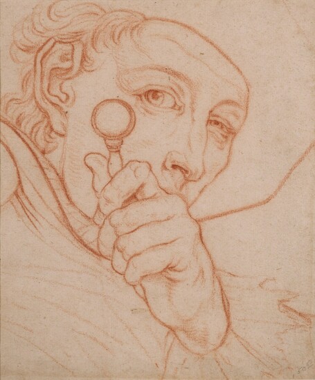Portrait of a man looking through a magnifying glass, German School, 18th Century