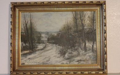 Poul Kastrup: Snow-covered landscape. Signed Poul Kastrup. Oil on canvas. 35×50 cm. Rammemål 48×62 cm.