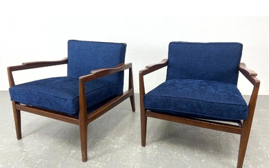 Pr Edmond Spence style Open Arm Lounge Chairs. Mid Century Modern. Blue fabric cushions.