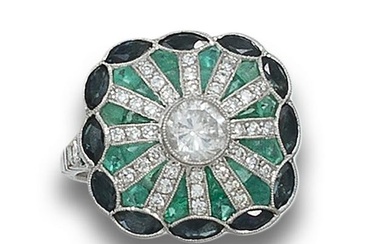 RING, ART DECO STYLE, DIAMONDS, EMERALD AND SAPPHIRES, IN PLATINUM