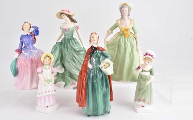ROYAL DOULTON; five porcelain figurines comprising HN2834 'Emma', HN2799 'Ruth',...