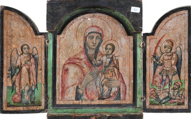 RUSSIAN, TRYPTIC ICON OF HODEGETRIA; ARCHANGELS GABRIEL AND MICHAEL, Tempera and gold paint on panel, Closed: 12 x 9 1/2 in. (30.5 x 24.1 cm.), Open: 12 x 18 1/2 in. (30.5 x 47 cm.)