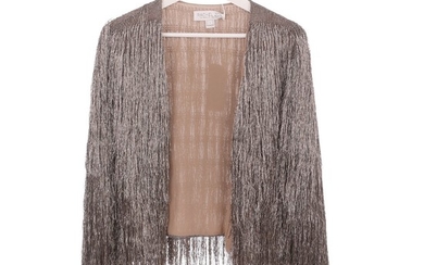 Rachel Zoe: A open jacket with fringes in metallic brown color, 3/4 sleeves and brown polyester lining inside. Size L.