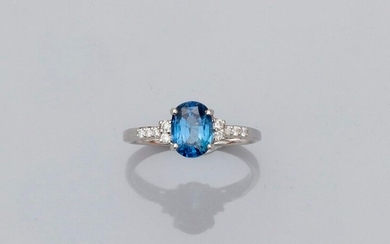 Ring in white gold, 750 MM, set with an oval sapphire weighing 2.15 carats, supported by four brilliants carried by two lines of diamonds, 20 x 8 mm, size: 53, weight: 2.75gr. rough.