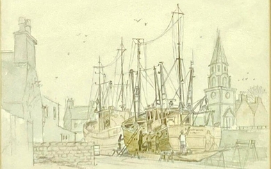 Robert Laessig Drawing, Harbor Scene, Scotland