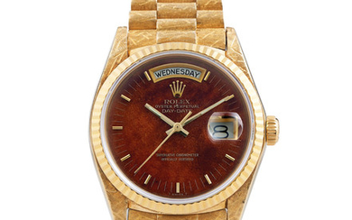 Rolex. A Rare Yellow Gold Day-Date Wristwatch with Wood Dial and exotic finished bracelet and case