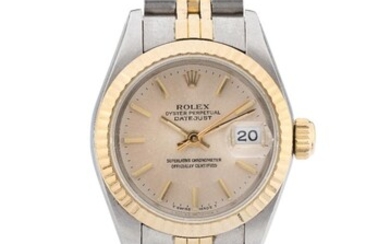 Rolex. A lady's 18ct gold and steel automatic calendar bracelet watch, Datejust, Reference, 69173, Serial Number 9271019, c.1986 champagne dial with applied gold baton hour markers and luminous dots, magnified date aperture at 3, sweep centre...