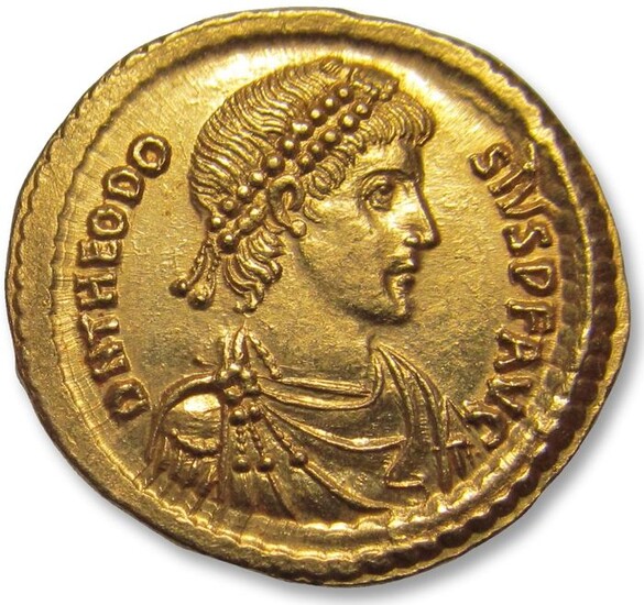 Roman Empire. Theodosius I (AD 379-395). Gold Solidus,Constantinople mint 388-392 A.D. 1st officina - VOT X MVLT XV on shield