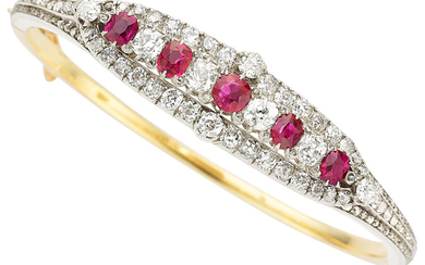 Ruby, Diamond, Silver-Topped Gold Bracelet Stones: Round and oval-shaped...