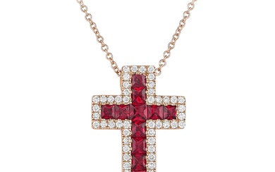 Ruby and Diamond Cross Pendant Necklace