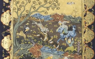 SCÈNES DE CHASSE ANONYMES (19e/20e SIÈCLE) Trois peintures miniatures indiennes, gouache sur papier rehaussé de...