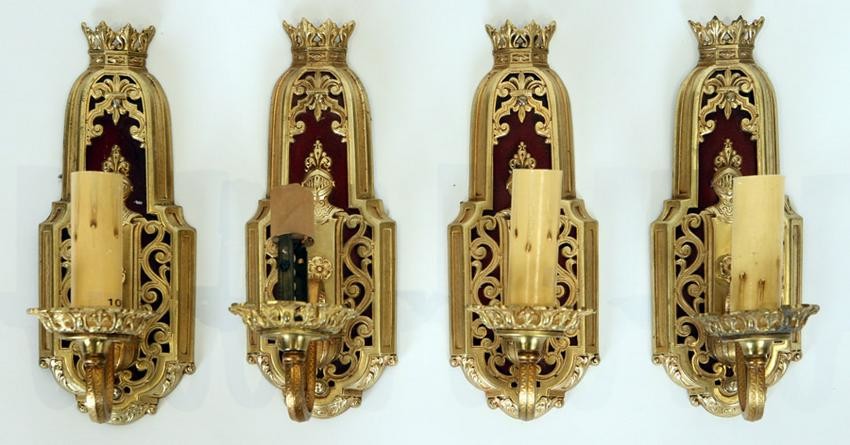 SET 4 GOTHIC STYLE BRASS WALL SCONCES C.1920