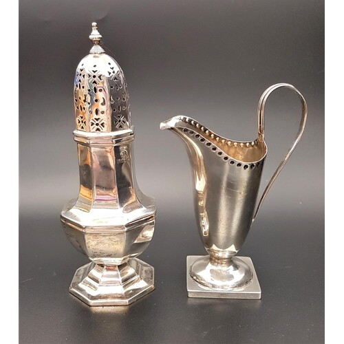 SILVER SUGAR CASTER of octagonal form, 16cm high, with indis...