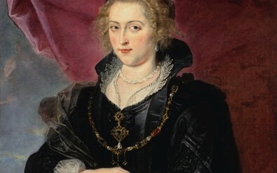 SIR PETER PAUL RUBENS | PORTRAIT OF A LADY, THREE-QUARTER LENGTH, WEARING AN ELABORATE BLACK DRESS AND CLOAK, BEFORE A RED DRAPE AND A DISTANT LANDSCAPE