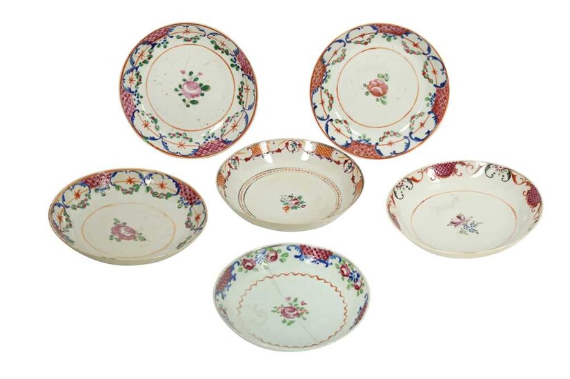 SIX CHINESE 'FAMILLE ROSE' POLYCHROME-PAINTED PORCELAIN SAUCERS MADE FOR THE IRANIAN EXPORT MARKET Possibly Guangdong (Canton), China, late 19th - early 20th century