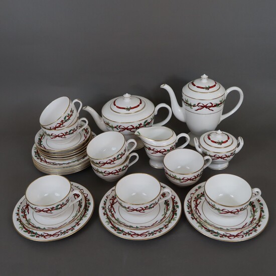 Service à café/thé pour 8 personnes - Royal Worcester, décor de Noël "Holly Ribbons", Angleterre,...