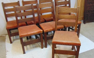 Set of 8 Gustav Stickley leather seat chairs, mission