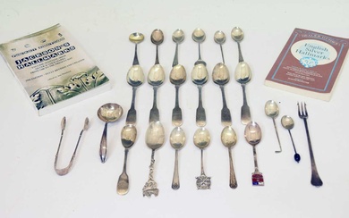 Set of six George III silver Fiddle pattern teaspoons, etc