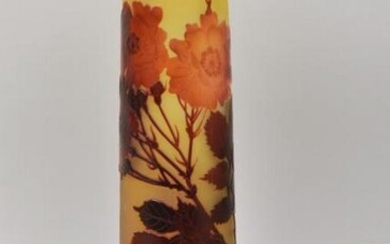 Signed Galle Cylindrical Vase w/ Wild Roses