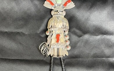 Signed Turquoise and Sterling Silver Kachina Bolo Tie