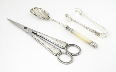 Silver plate items to include a pair of Mappin and Webb grape scissors / shears bearing stamp for