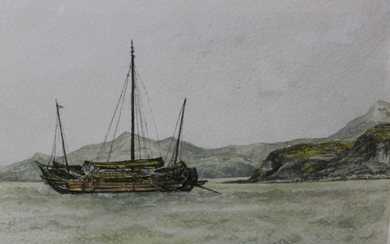 Sir Rutherford Alcock (1809-1897) pencil and watercolour - Junk off headland at the Woofoomun