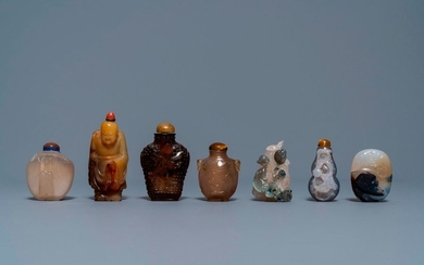 Six Chinese carved agate snuff bottles and a...