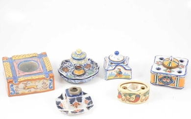 Six French and Italian faience style inkwells and encrier.
