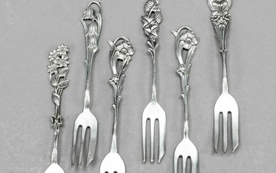 Six cake forks, Sweden, 2nd half of 20th century, silver 830/000, each handle with different