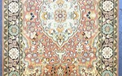 Small Fine Kashmiri Silk Runner, with two almond shaped medallions, on a salmon ground (176 x 63cm)